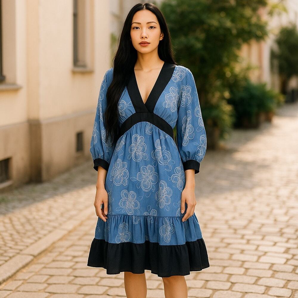 Anthropologie Moulinette Soeurs Blue White Black Sheer Mini Dress Size 2